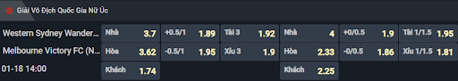 Bảng tỷ lệ kèo cho trận đấu nữ WS Wanderers vs nữ Melbourne Victory Bảng tỷ lệ kèo cho trận đấu nữ WS Wanderers vs nữ Melbourne Victory