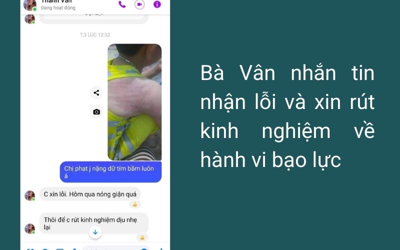 Đoạn tin nhắn nhận lỗi của bà Vân về vụ việc nạn nhân đi học thêm bị đánh bầm tím